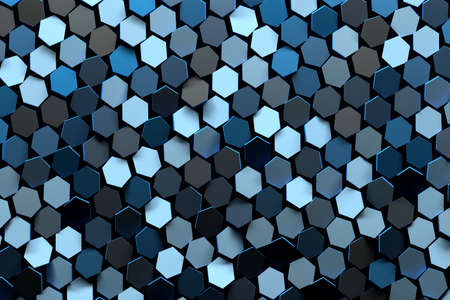 Abstract background with many random colored light and dark blue hexagons. 3d illustration.