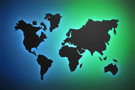 Silhouette contour of world map with gradinet colored background in green and blue color. 3d...