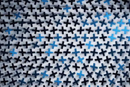 Abstract pattern with many dark blue rotated crosses or pus signs on white background. 3d illustration.の写真素材