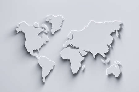 World map 3d in white colors with shadows and glowing edges. 3d illustration.