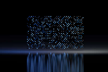 Abstract background with a plane made of randomly colored spheres dots flying over dark reflective...