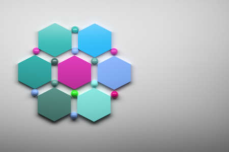 Composition made of hexagon with shiny balls on white background. Good for presentation with empty...