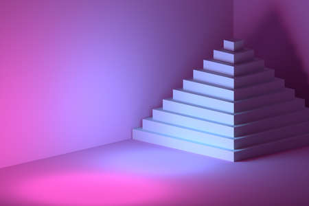 Abstract illustration with large white pyramid in a room illuminated with pink blue light. Pyramidal stairs. Image with empty blank space. 3d illustration.の写真素材