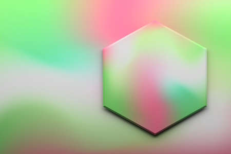 Large hexagon on the right of image colored with green pink gradient. Good for presentation text. 3d illustration.の写真素材