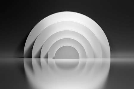 Abstract background with shapes circles rings over shiny reflective surface. Monochrome black and white picture. 3d illustration.の写真素材