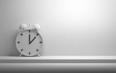 White minimalistic old fashioned bell clock with black arrows standing on white background. 3d illustration.の写真素材