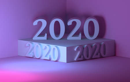Greeting card in pink purple colors with large new year 2020 numbers standing on the pedestal podium...