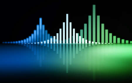 Sound waves bars over reflective surface. Image with blue blue green gradient. 3d illustration.の写真素材