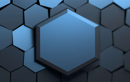 Presentation template with large dark blue shiny hexagon shape. Image with copy blank space. Image with blur effect. 3d illustration.の写真素材
