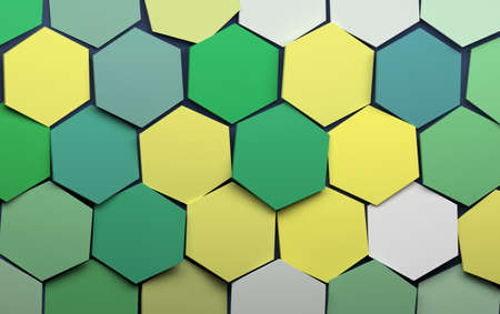 Wallpaper with green yellow white and blue hexagons. 3d illustration.の写真素材