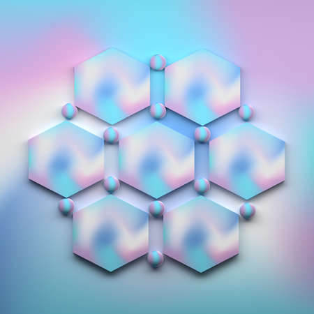 Seven hexagonal shapes with spheres colored with liquid fluid pink and blue gradient. 3d...