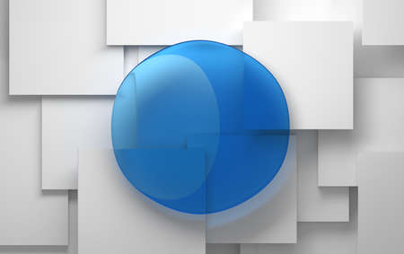 Presentation template with blue glass circle and white geometric shapes. 3d illustration.