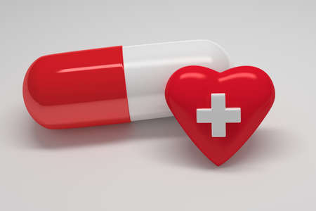 Medicine healing concept. Large opened pill capsule flying in the air and one large shiny red heart with white hospital cross on top. Objects are located on white background. 3d illustration.の写真素材