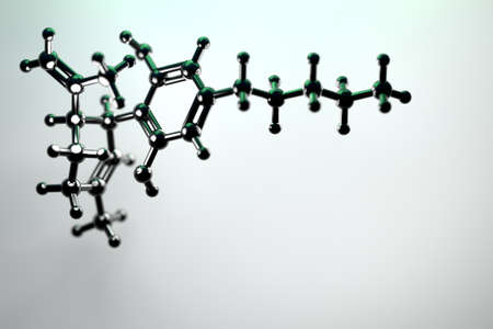 Scientific abstract background with CBD cannabidiol chemical structure. Large black shiny molecule...