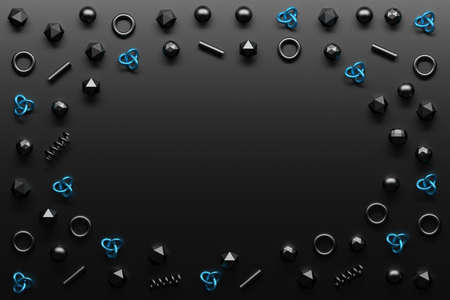 Abstract presentation template with shiny metallic geometric primitive shapes torus spiral rods...