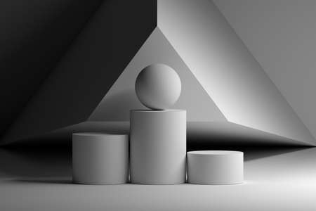 Illustration with simple basic geometric spheres cylinders spheres triangle in white colors. 3d illustration.の写真素材