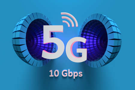 Illustration of 5G new data technology. Large white 5g letters with a futuristic blue structured sphere on blue background. 3d illustration.の写真素材