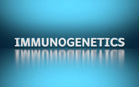 Word Immunogenetics written in large bold white letters and placed on blue background over reflective surface. 3d illustration.の写真素材