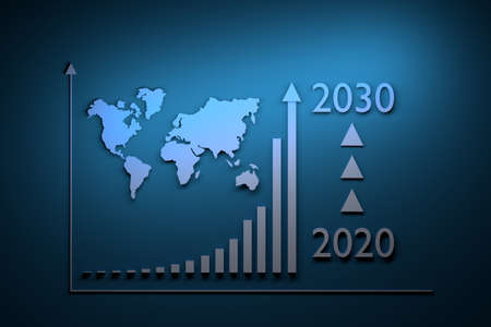 Illustration with growth infographics - exponential growth over period from 2020 to 2030 and world map on blue background. 3d illustration.の写真素材