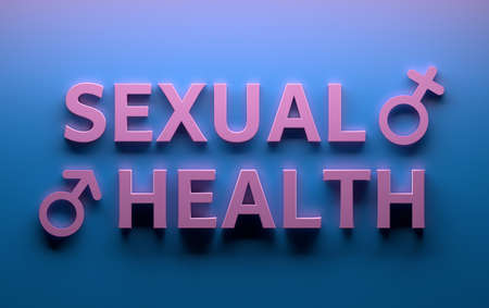 Words Sexual Health with male female sex gender signs written in pink bold letters on blue background. 3d illustration.の写真素材