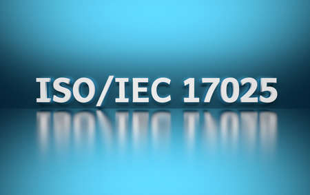 Intentational standard. Word ISO/IEC 17025 written in white bold letters standing on blue shiny reflective surface. 3d illustration.の写真素材