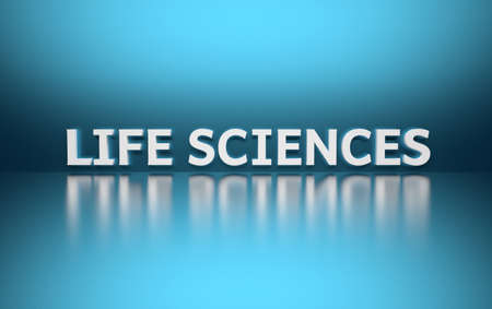 Word Life Sciences written in white bold letters standing on blue shiny reflective surface. 3d illustration.の写真素材