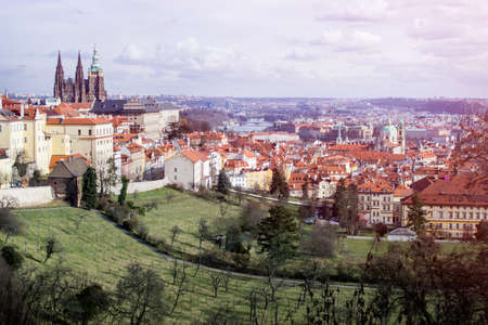 PRAGUE, CZECH REPUBLIC - FEBRUARY 12, 2018: Prague city panoramic view from the hill on a sunny day....