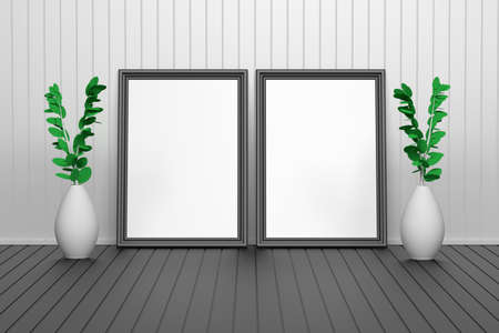 Two large carved picture frames with empty blank space. Frames standing on the black floor in...