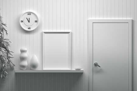 Presentation mock up with picture frame standing on the shelf in a room. Inderior with a plant, wall clock, vases, doors and a picture frame. Frame with copy blank space. Image in white colors. 3D illustration.の写真素材