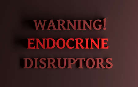 Illustration with red alert words Warning! Endocrine Disruptors. 3d illustration.の写真素材