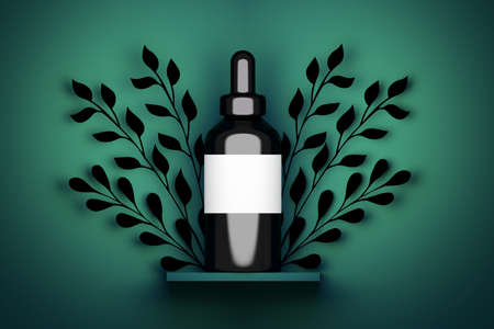 Single one large vape serum cosmetic black bottle packaging with white empty label on dark green background with foliage branche decoration. 3d illustration.の写真素材