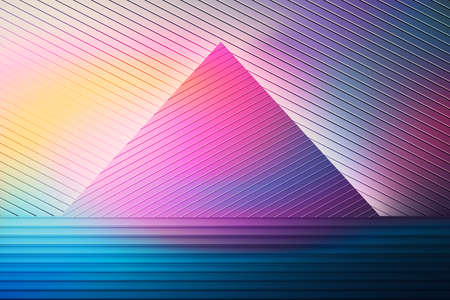 Abstract colorful yellow pink blue illustration with large pyramid trinagle geometric shape covered with stripes. 3d illustartion.の写真素材