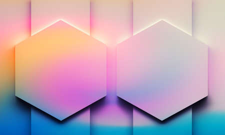 Two large hexagons with copy blank space. Image colored with vivid colorful gradient. 3d...