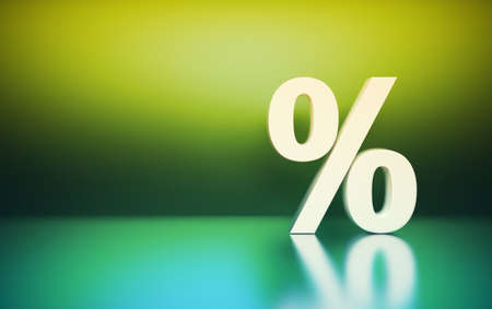 Large white percent percentage sign symbol standing on vibrant green blurred shiny reflective surface. 3d illustration.の写真素材