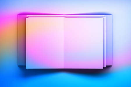 Folded paper brochure leaflet sheets laying on a surface. Colored with blue orange purple gradient...