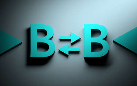 Concept illustration for business to business with blue bold B letters and arrows. 3d illustration.