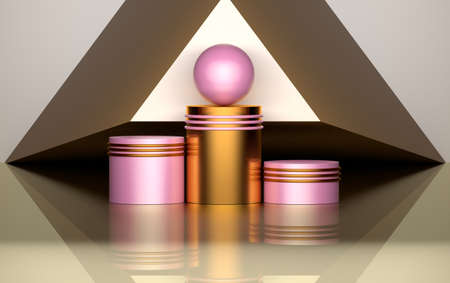 Romantic geometric composition with golden pink pedestals, rings, spheres and surfaces. 3d...