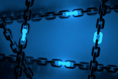 Large chains with glowing blue neon links. Image with copy blank space. 3d illustration.の写真素材