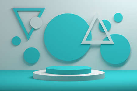 Composition with round and triangle shapes in white and blue colors. 3d illustration.