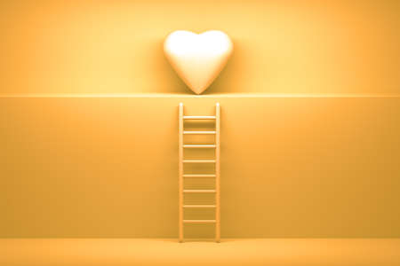 Concept illustration of way to love in vibrant yellow colors. Ladder standing next to wall leading to large heart. 3d illustration.の写真素材