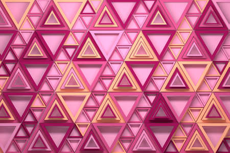 Geometric pattern made of many repeating various size yellow and pink triangles. 3d illustration.の写真素材