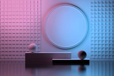 Indoor interior composition with empty round presentation frame, pedestals, pillars, rhombuses and...