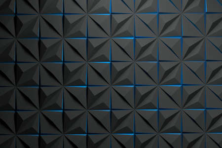 Black 3d pattern with distorted squares made of pyramids with uplifted blue edges. Geometric clean...