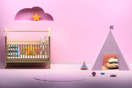 Kids room in pink colors with playing wigwam, cradle, cloud decoration and empty blank wall. 3d illustration.の写真素材