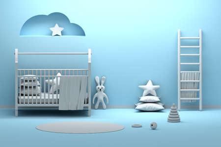 Newborn babe kids room interior with cradle, toys, fabric rabbit, pillow, ladder with towel standing next to blue wall. 3d illustration.  の写真素材