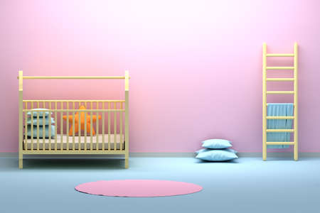 Simple children kid baby room interior with empty wall and cradle, pillows, ladder with towel. 3d illustration.の写真素材