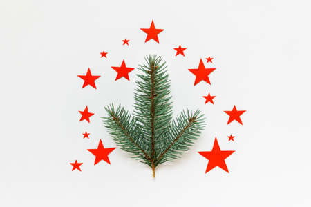 Concept Christmas greeting card with evergreen branch and many red paper stars on white background.の写真素材