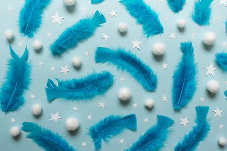 Festive Christmas winter pattern background with fluffy blue feathers white snow balls and white...