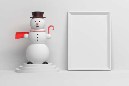 Cute character snowman with a hat and red scarf on a pedestal holding sweet candy cane. Holiday mock up presentation board for kids children. 3d illustration.の写真素材