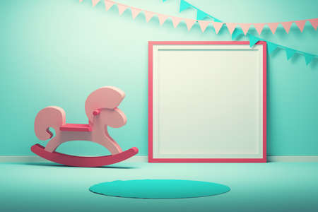 Mockup for kids children, room interior with picture frame, wooden horse and carpet in pink and blue colors. 3d illustration.の写真素材
